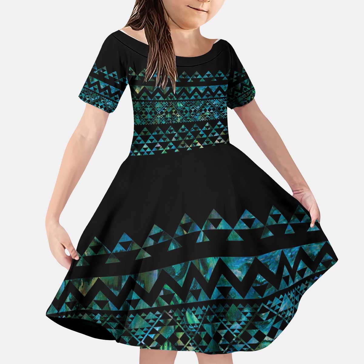 Maori Niho Taniwha Te Wheiao Kid Short Sleeve Dress Paua Shell - Aussie Hoodie