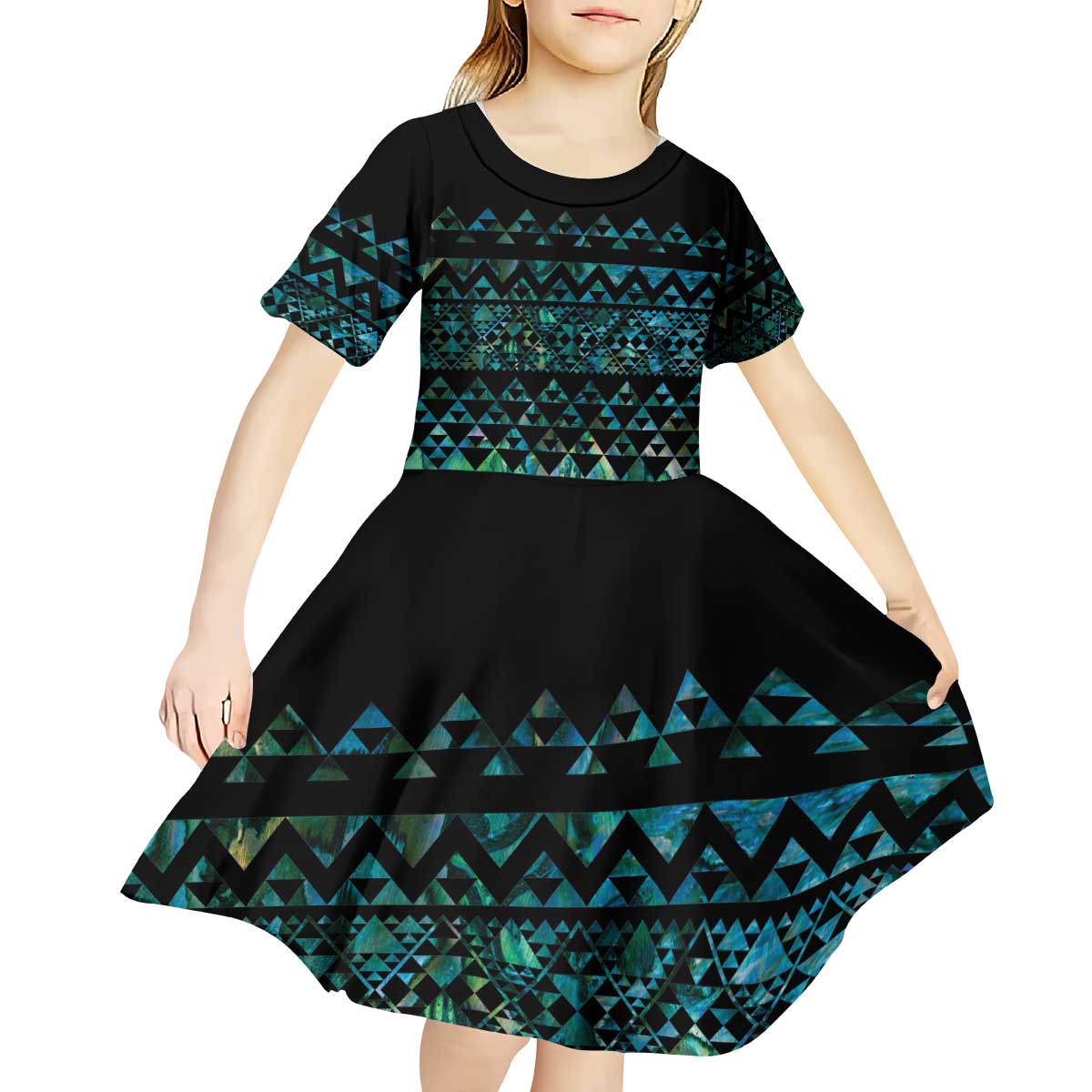 Maori Niho Taniwha Te Wheiao Kid Short Sleeve Dress Paua Shell - Aussie Hoodie