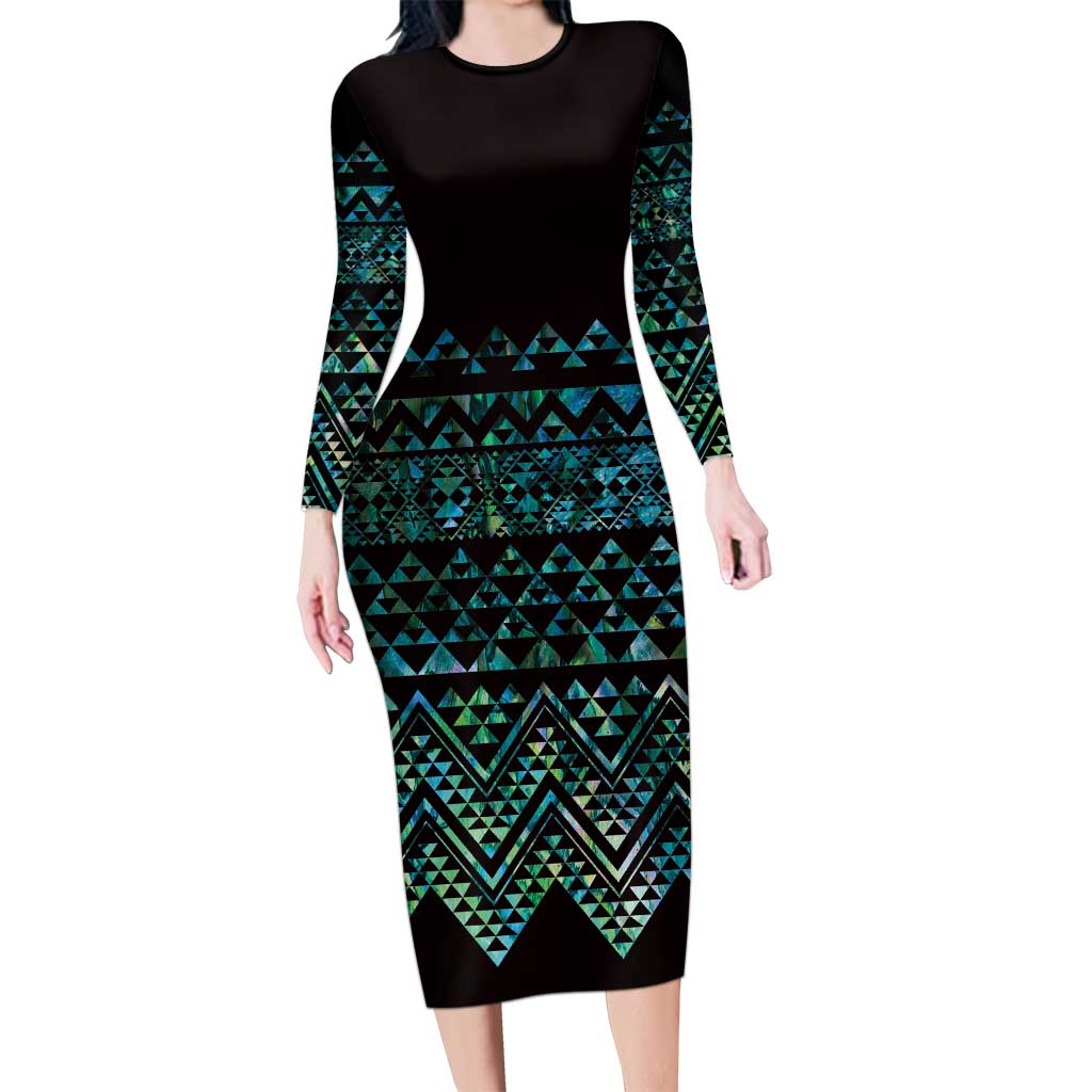 Maori Niho Taniwha Te Wheiao Long Sleeve Bodycon Dress Paua Shell - Aussie Hoodie