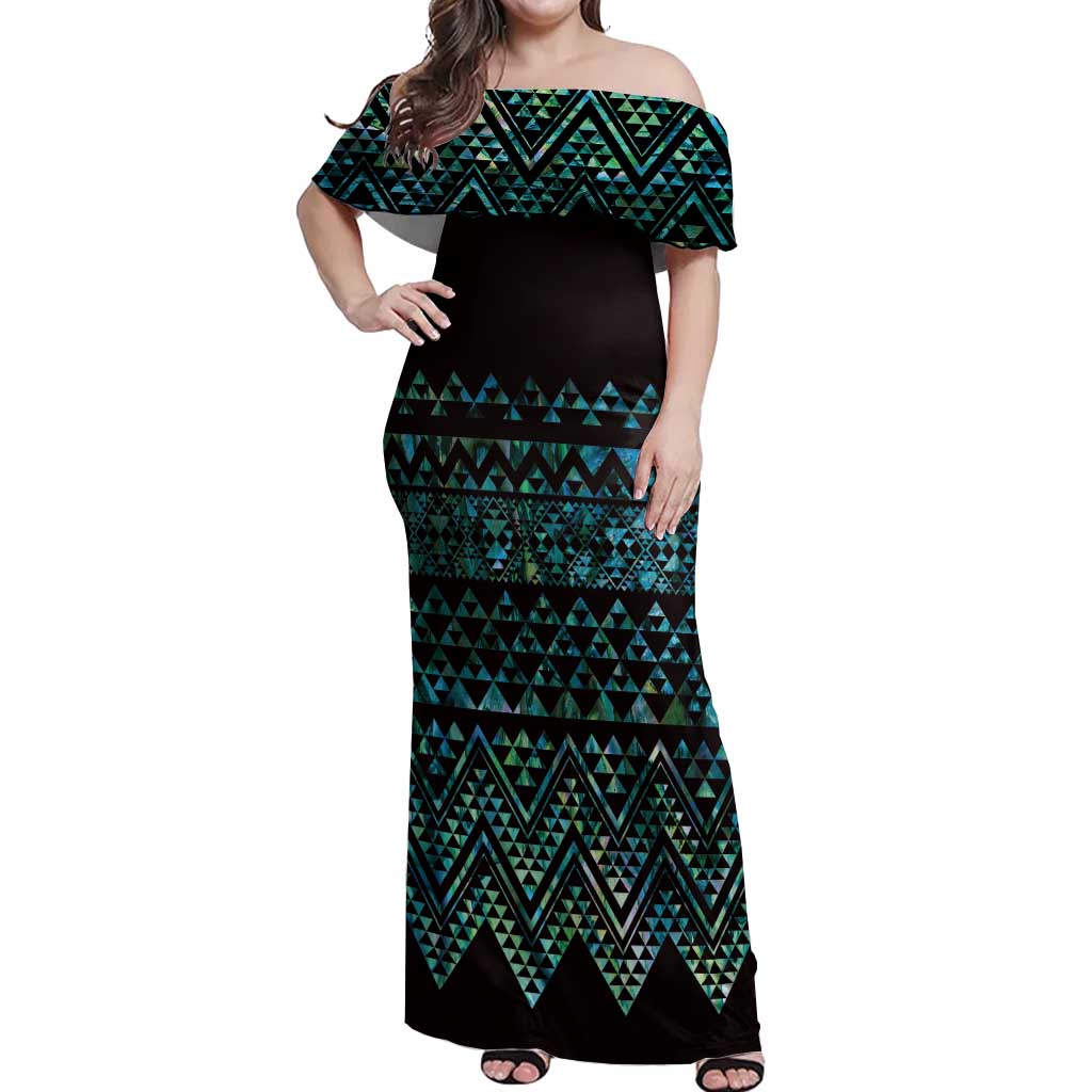 Maori Niho Taniwha Te Wheiao Off Shoulder Maxi Dress Paua Shell - Aussie Hoodie