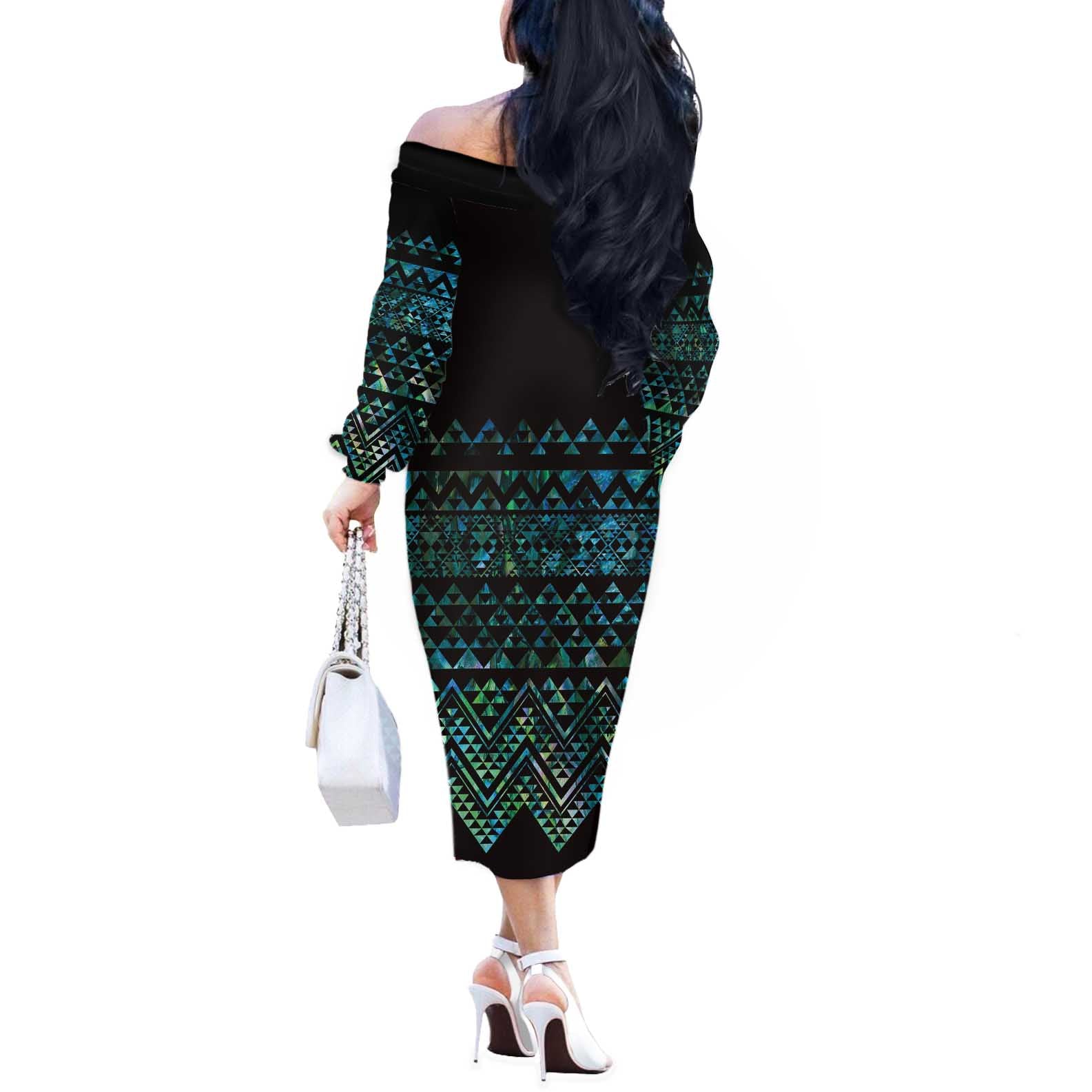 Maori Niho Taniwha Te Wheiao Off The Shoulder Long Sleeve Dress Paua Shell - Aussie Hoodie