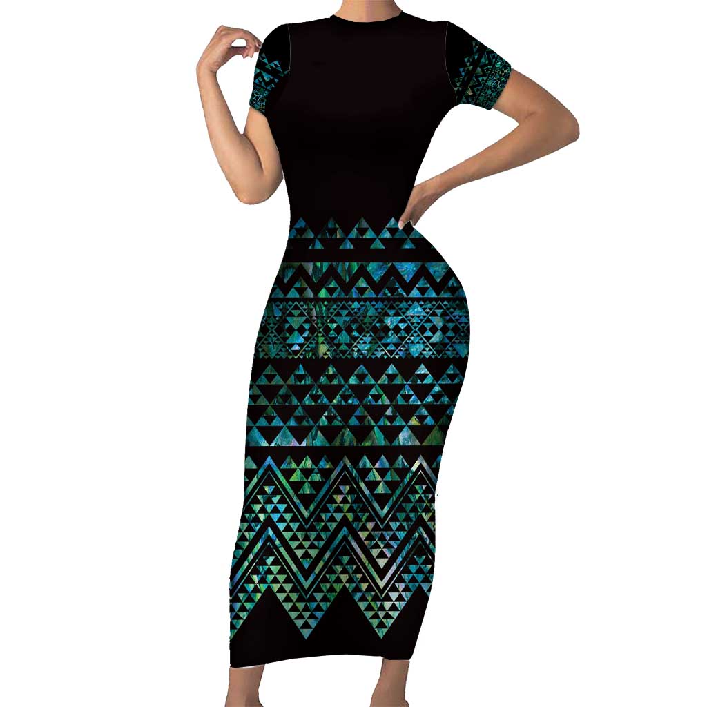 Maori Niho Taniwha Te Wheiao Short Sleeve Bodycon Dress Paua Shell - Aussie Hoodie