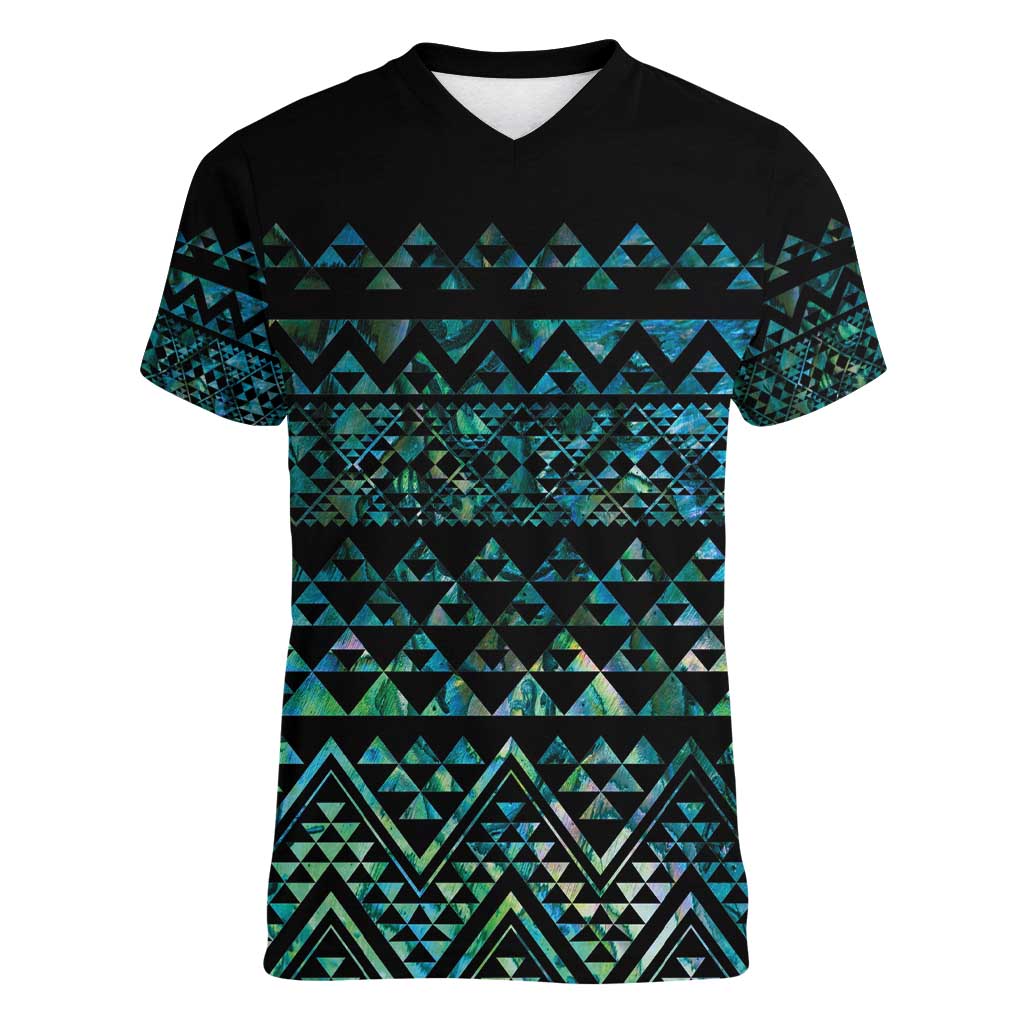 Maori Niho Taniwha Te Wheiao Women V-Neck T-Shirt Paua Shell - Aussie Hoodie