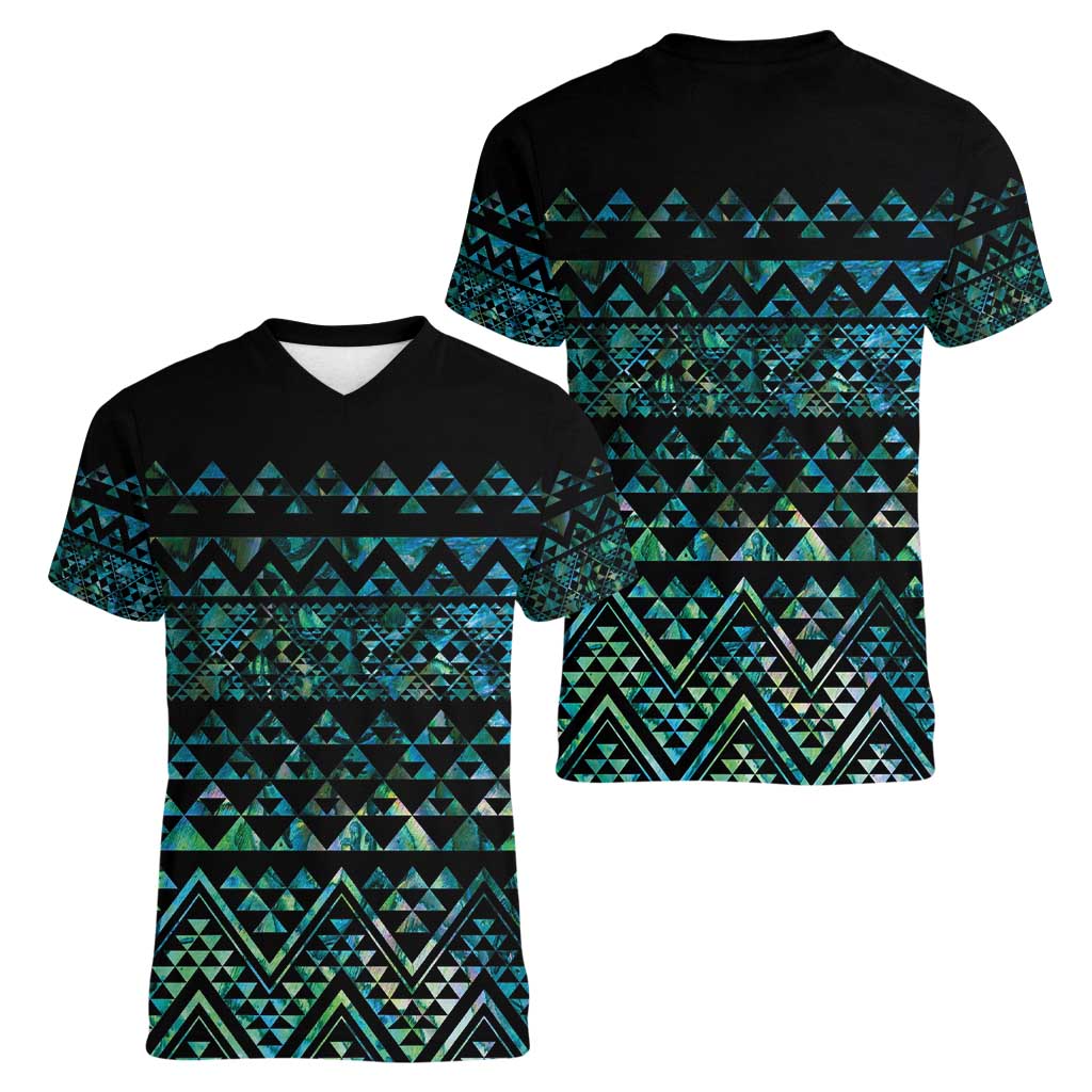 Maori Niho Taniwha Te Wheiao Women V-Neck T-Shirt Paua Shell - Aussie Hoodie