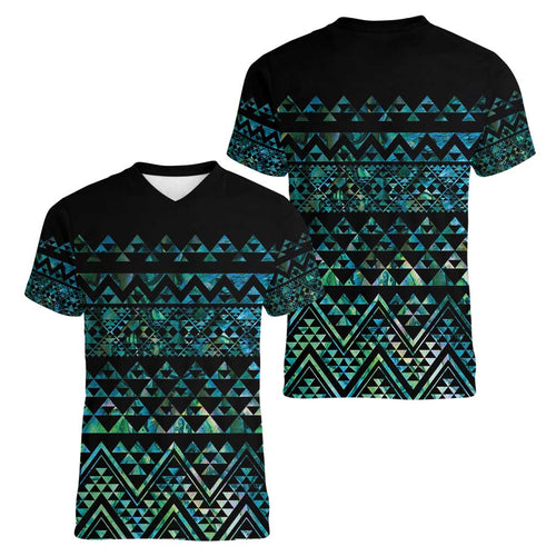 Maori Niho Taniwha Te Wheiao Women V-Neck T-Shirt Paua Shell - Aussie Hoodie