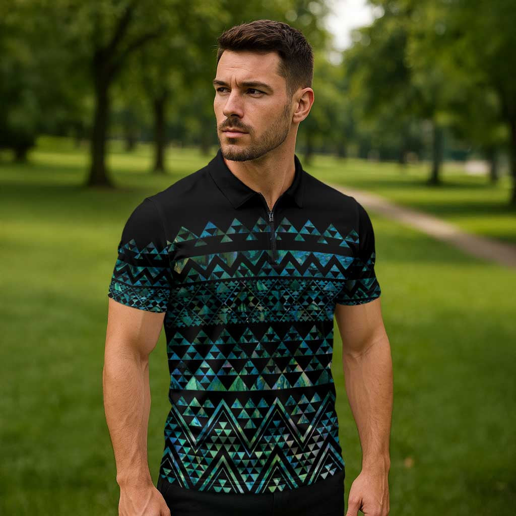 Maori Niho Taniwha Te Wheiao Zipper Polo Shirt Paua Shell - Aussie Hoodie