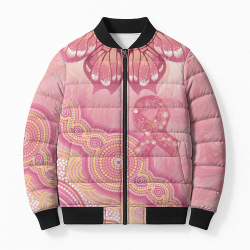 Dreamy Butterfly Collar Australia Breast Cancer Pink Bomber Puffer Jacket Indigenous Art