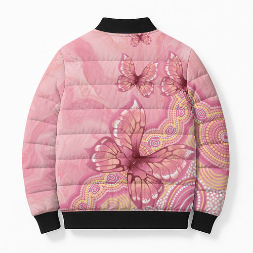 Dreamy Butterfly Collar Australia Breast Cancer Pink Bomber Puffer Jacket Indigenous Art