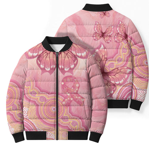 Dreamy Butterfly Collar Australia Breast Cancer Pink Bomber Puffer Jacket Indigenous Art