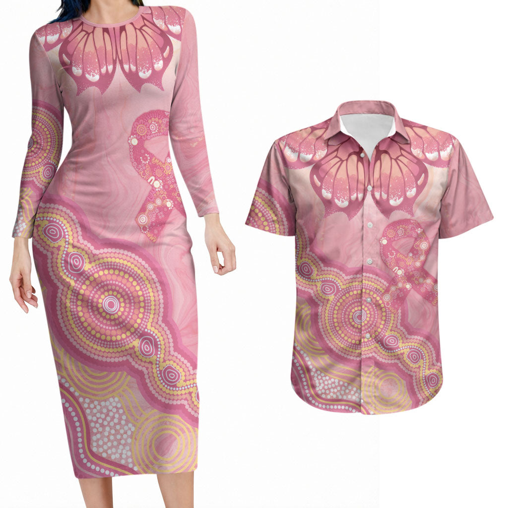 Dreamy Butterfly Collar Australia Breast Cancer Pink Couples Matching Long Sleeve Bodycon Dress and Hawaiian Shirt Indigenous Art