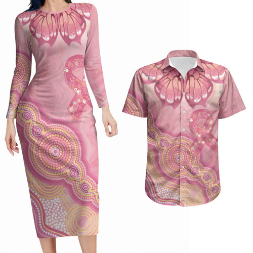 Dreamy Butterfly Collar Australia Breast Cancer Pink Couples Matching Long Sleeve Bodycon Dress and Hawaiian Shirt Indigenous Art