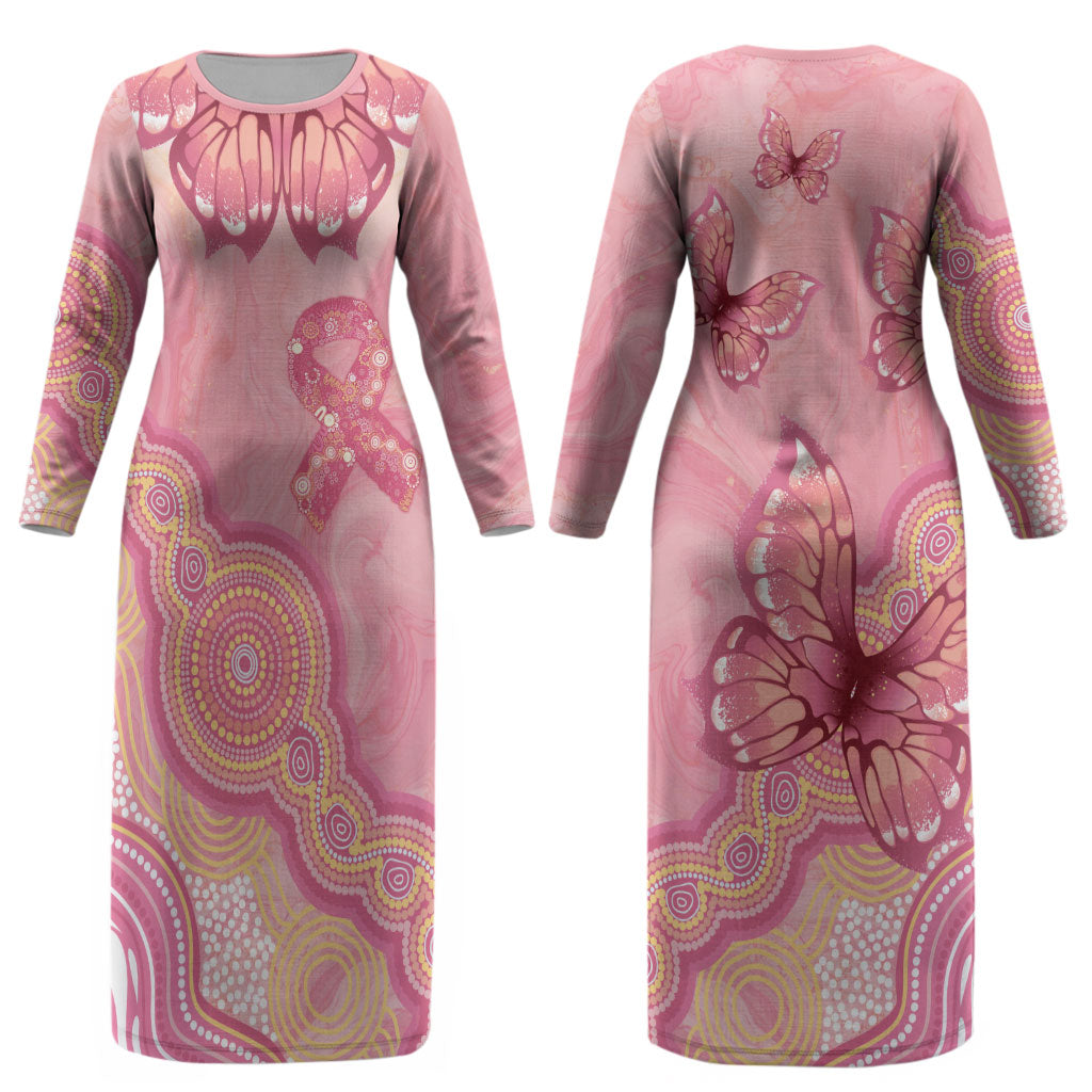 Dreamy Butterfly Collar Australia Breast Cancer Pink Couples Matching Long Sleeve Bodycon Dress and Hawaiian Shirt Indigenous Art