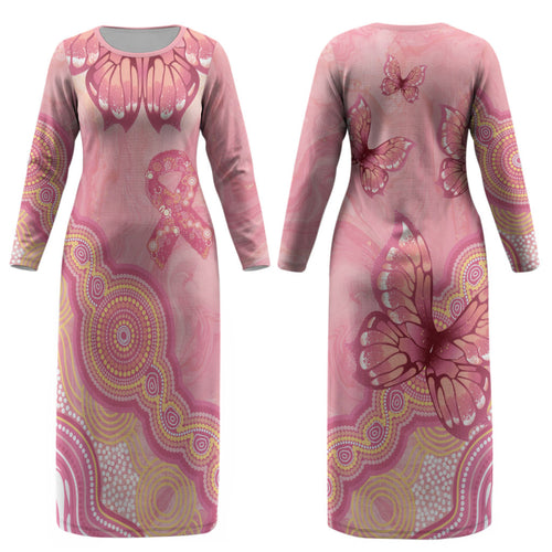 Dreamy Butterfly Collar Australia Breast Cancer Pink Couples Matching Long Sleeve Bodycon Dress and Hawaiian Shirt Indigenous Art