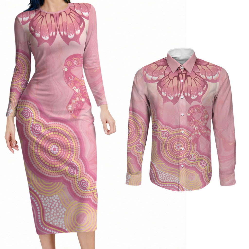 Dreamy Butterfly Collar Australia Breast Cancer Pink Couples Matching Long Sleeve Bodycon Dress and Long Sleeve Button Shirt Indigenous Art