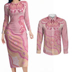 Dreamy Butterfly Collar Australia Breast Cancer Pink Couples Matching Long Sleeve Bodycon Dress and Long Sleeve Button Shirt Indigenous Art