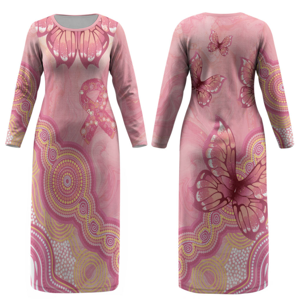 Dreamy Butterfly Collar Australia Breast Cancer Pink Couples Matching Long Sleeve Bodycon Dress and Long Sleeve Button Shirt Indigenous Art