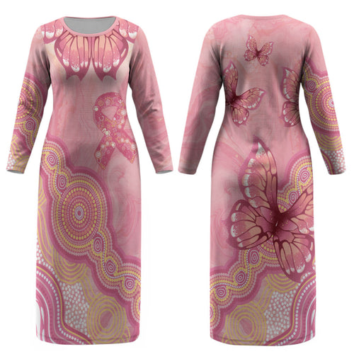 Dreamy Butterfly Collar Australia Breast Cancer Pink Couples Matching Long Sleeve Bodycon Dress and Long Sleeve Button Shirt Indigenous Art