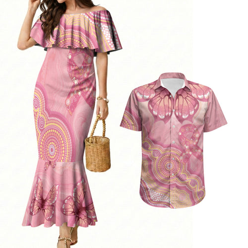 Dreamy Butterfly Collar Australia Breast Cancer Pink Couples Matching Mermaid Dress and Hawaiian Shirt Indigenous Art