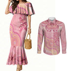 Dreamy Butterfly Collar Australia Breast Cancer Pink Couples Matching Mermaid Dress and Long Sleeve Button Shirt Indigenous Art
