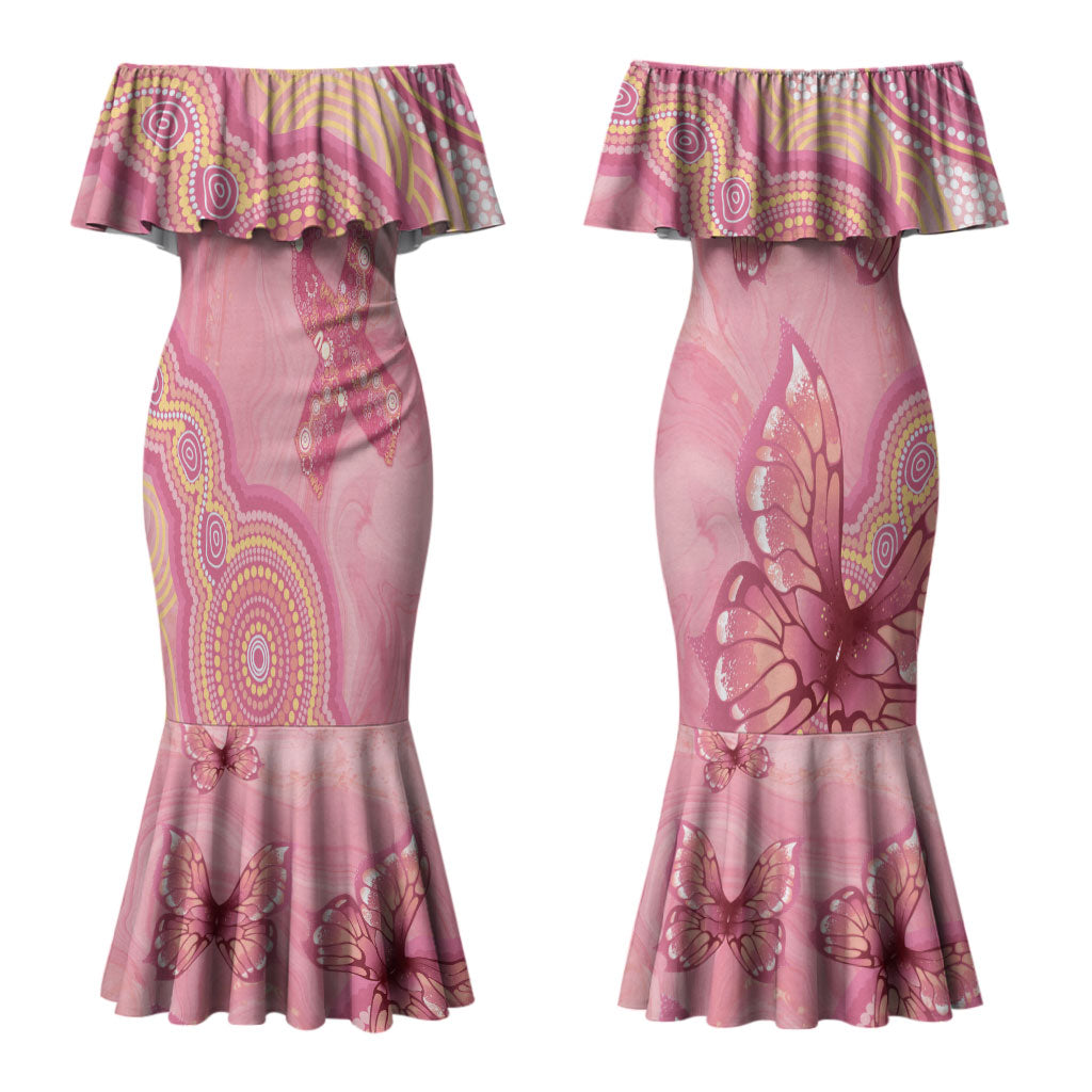 Dreamy Butterfly Collar Australia Breast Cancer Pink Couples Matching Mermaid Dress and Long Sleeve Button Shirt Indigenous Art