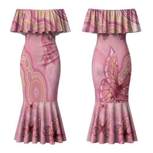 Dreamy Butterfly Collar Australia Breast Cancer Pink Couples Matching Mermaid Dress and Long Sleeve Button Shirt Indigenous Art