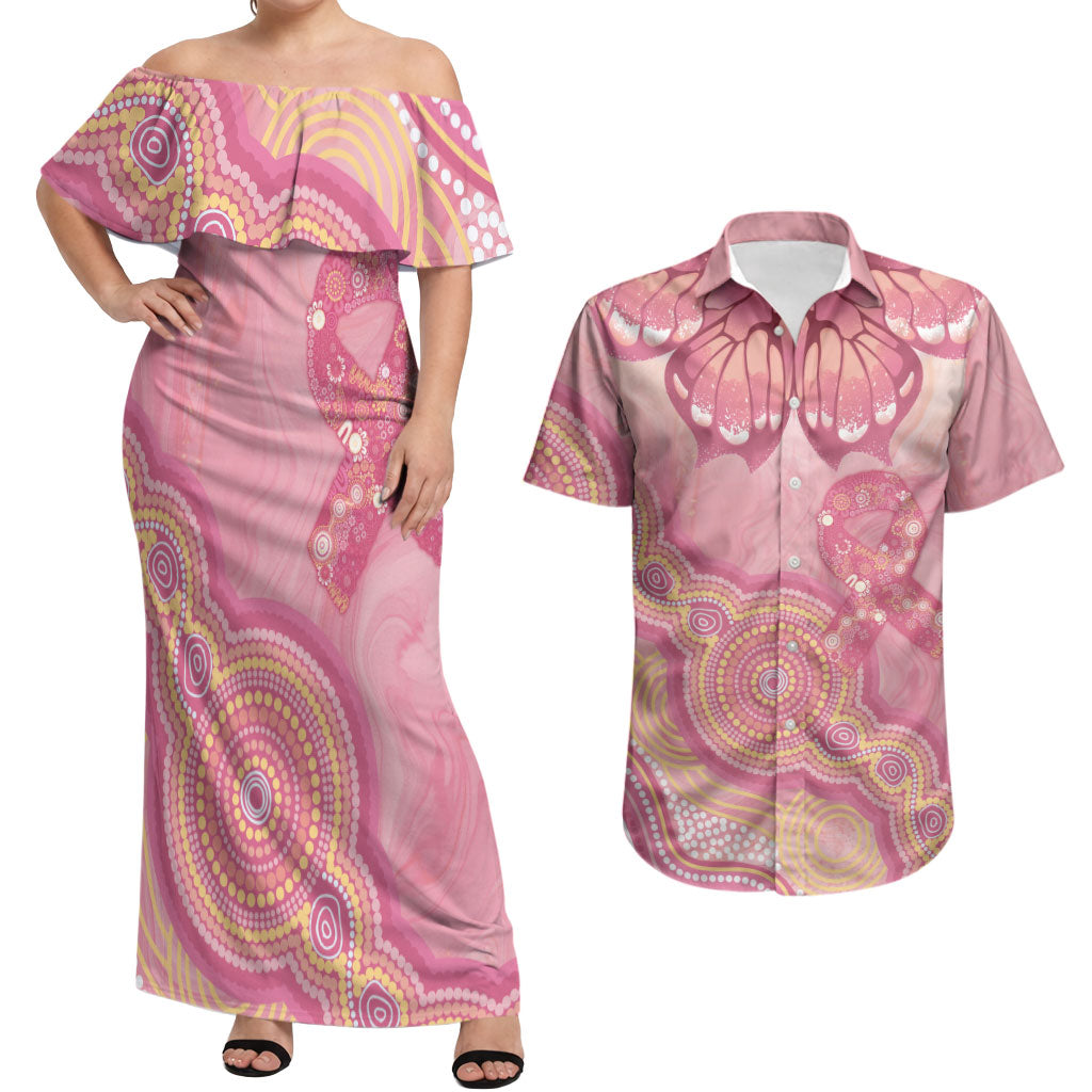Dreamy Butterfly Collar Australia Breast Cancer Pink Couples Matching Off Shoulder Maxi Dress and Hawaiian Shirt Indigenous Art