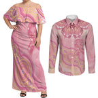Dreamy Butterfly Collar Australia Breast Cancer Pink Couples Matching Off Shoulder Maxi Dress and Long Sleeve Button Shirt Indigenous Art