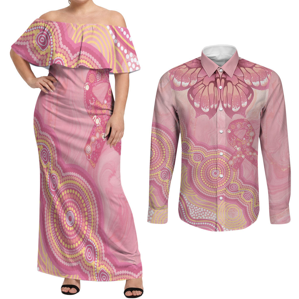 Dreamy Butterfly Collar Australia Breast Cancer Pink Couples Matching Off Shoulder Maxi Dress and Long Sleeve Button Shirt Indigenous Art