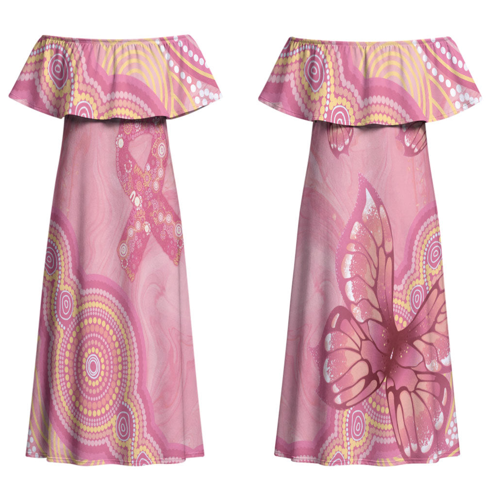 Dreamy Butterfly Collar Australia Breast Cancer Pink Couples Matching Off Shoulder Maxi Dress and Long Sleeve Button Shirt Indigenous Art