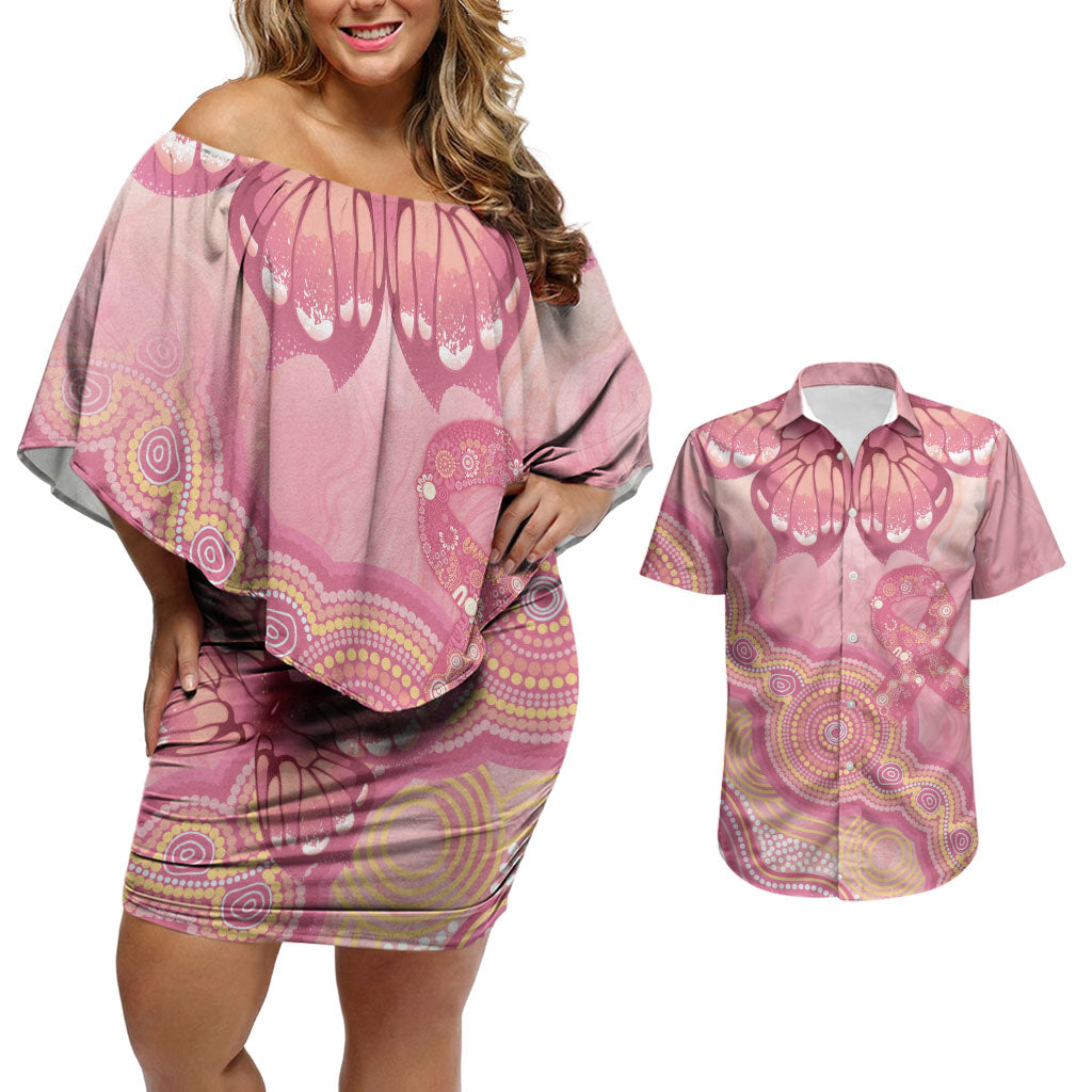 Dreamy Butterfly Collar Australia Breast Cancer Pink Couples Matching Off Shoulder Short Dress and Hawaiian Shirt Indigenous Art
