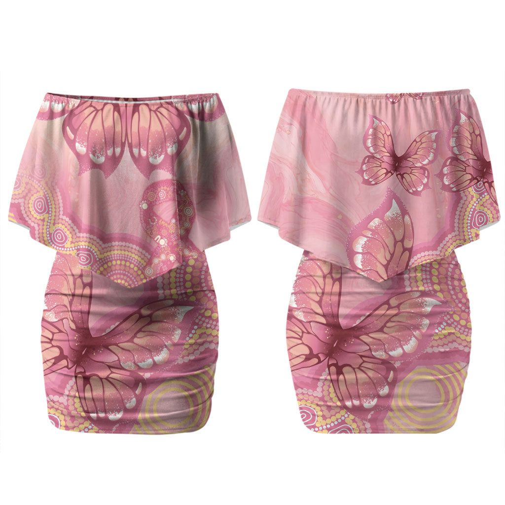 Dreamy Butterfly Collar Australia Breast Cancer Pink Couples Matching Off Shoulder Short Dress and Hawaiian Shirt Indigenous Art