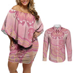 Dreamy Butterfly Collar Australia Breast Cancer Pink Couples Matching Off Shoulder Short Dress and Long Sleeve Button Shirt Indigenous Art