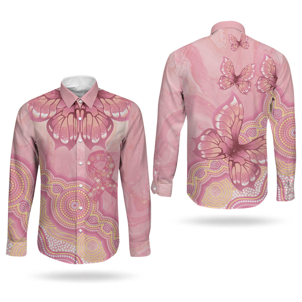 Dreamy Butterfly Collar Australia Breast Cancer Pink Couples Matching Off Shoulder Short Dress and Long Sleeve Button Shirt Indigenous Art