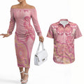 Dreamy Butterfly Collar Australia Breast Cancer Pink Couples Matching Off The Shoulder Long Sleeve Dress and Hawaiian Shirt Indigenous Art