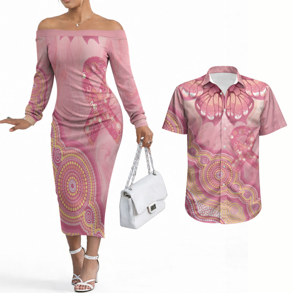 Dreamy Butterfly Collar Australia Breast Cancer Pink Couples Matching Off The Shoulder Long Sleeve Dress and Hawaiian Shirt Indigenous Art