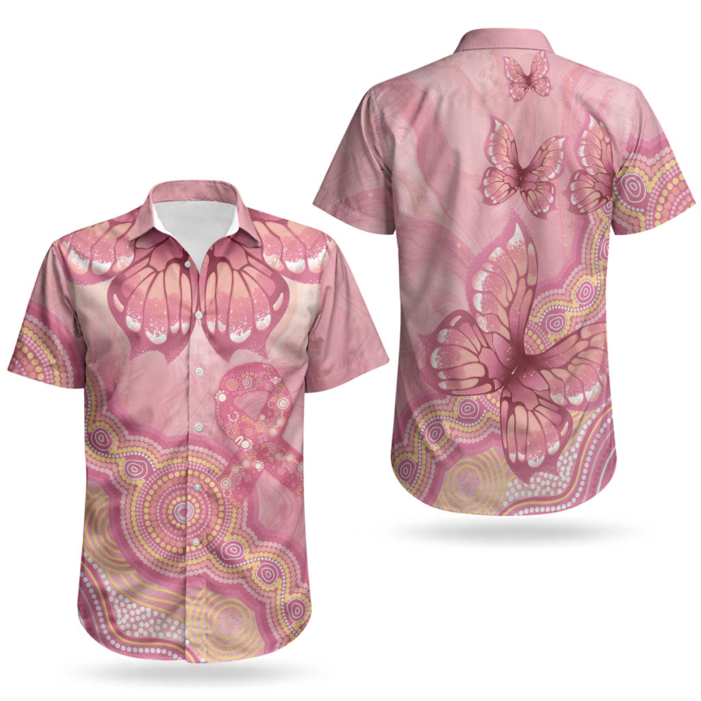 Dreamy Butterfly Collar Australia Breast Cancer Pink Couples Matching Off The Shoulder Long Sleeve Dress and Hawaiian Shirt Indigenous Art