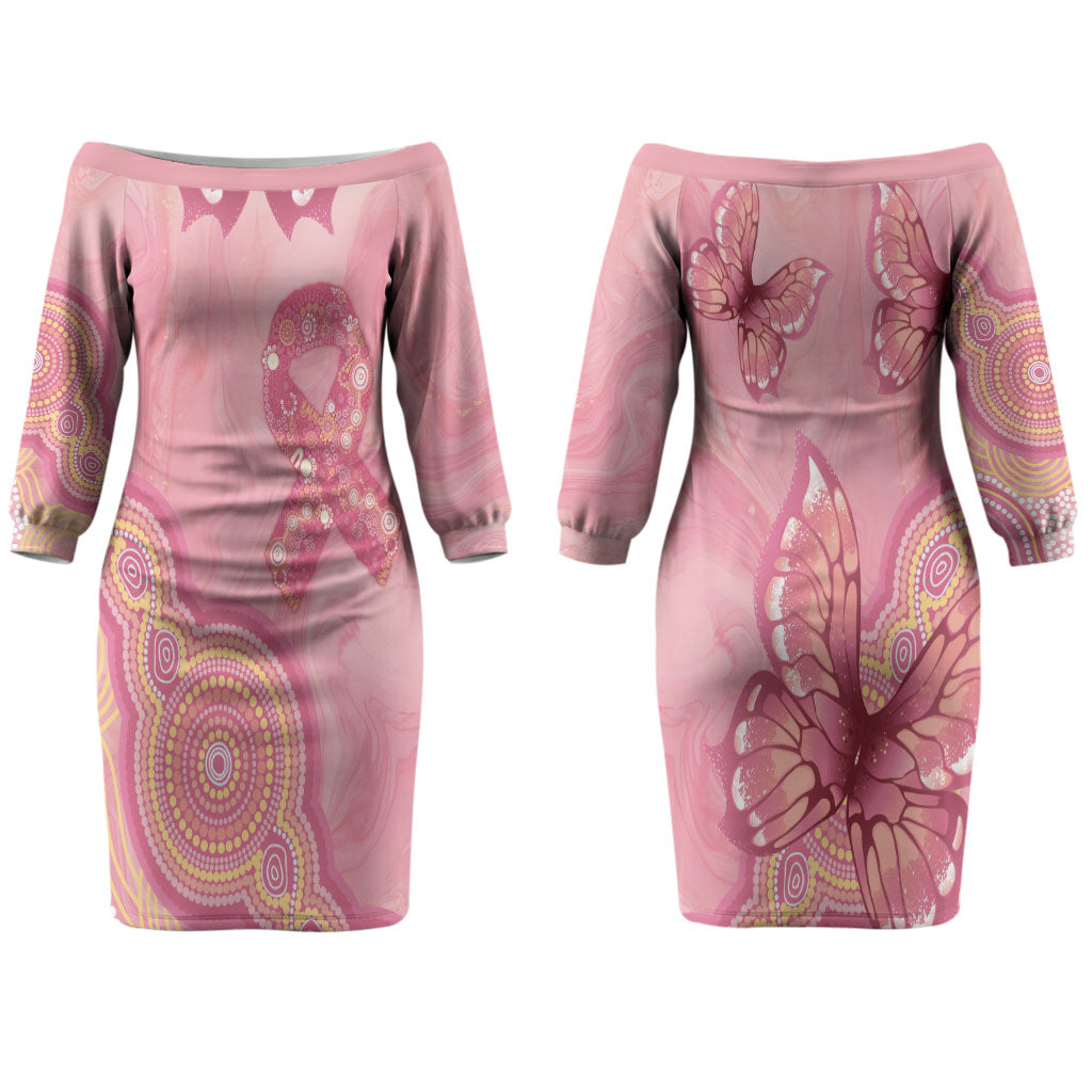 Dreamy Butterfly Collar Australia Breast Cancer Pink Couples Matching Off The Shoulder Long Sleeve Dress and Hawaiian Shirt Indigenous Art