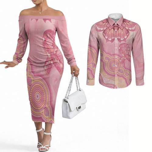 Dreamy Butterfly Collar Australia Breast Cancer Pink Couples Matching Off The Shoulder Long Sleeve Dress and Long Sleeve Button Shirt Indigenous Art