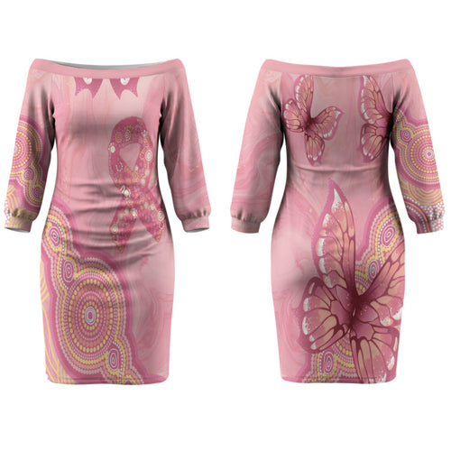 Dreamy Butterfly Collar Australia Breast Cancer Pink Couples Matching Off The Shoulder Long Sleeve Dress and Long Sleeve Button Shirt Indigenous Art