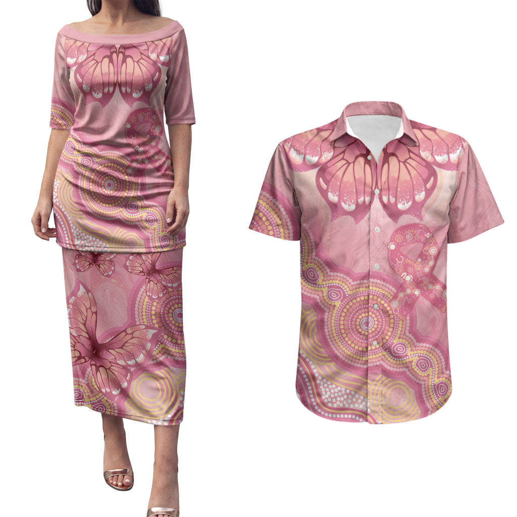 Dreamy Butterfly Collar Australia Breast Cancer Pink Couples Matching Puletasi and Hawaiian Shirt Indigenous Art