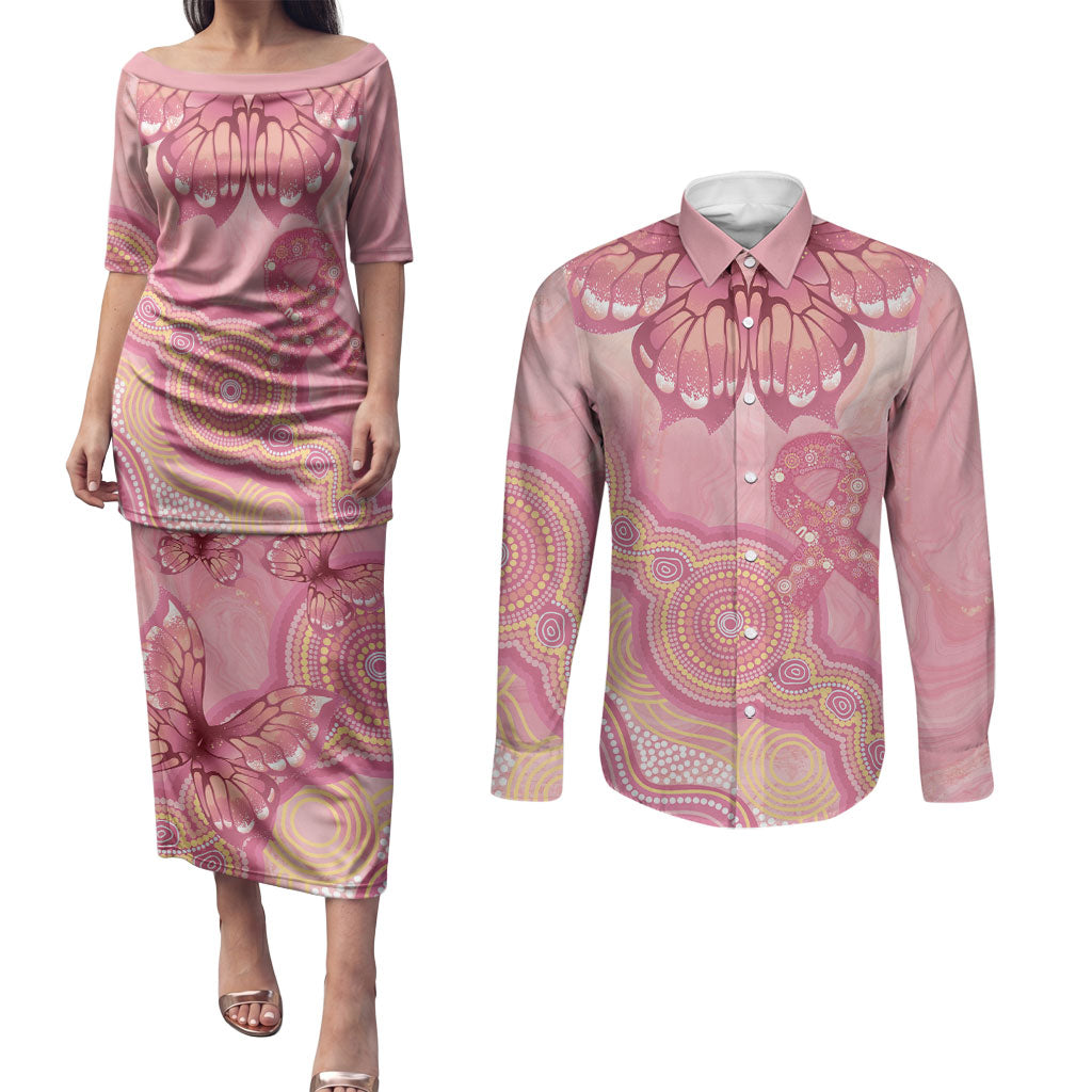 Dreamy Butterfly Collar Australia Breast Cancer Pink Couples Matching Puletasi and Long Sleeve Button Shirt Indigenous Art