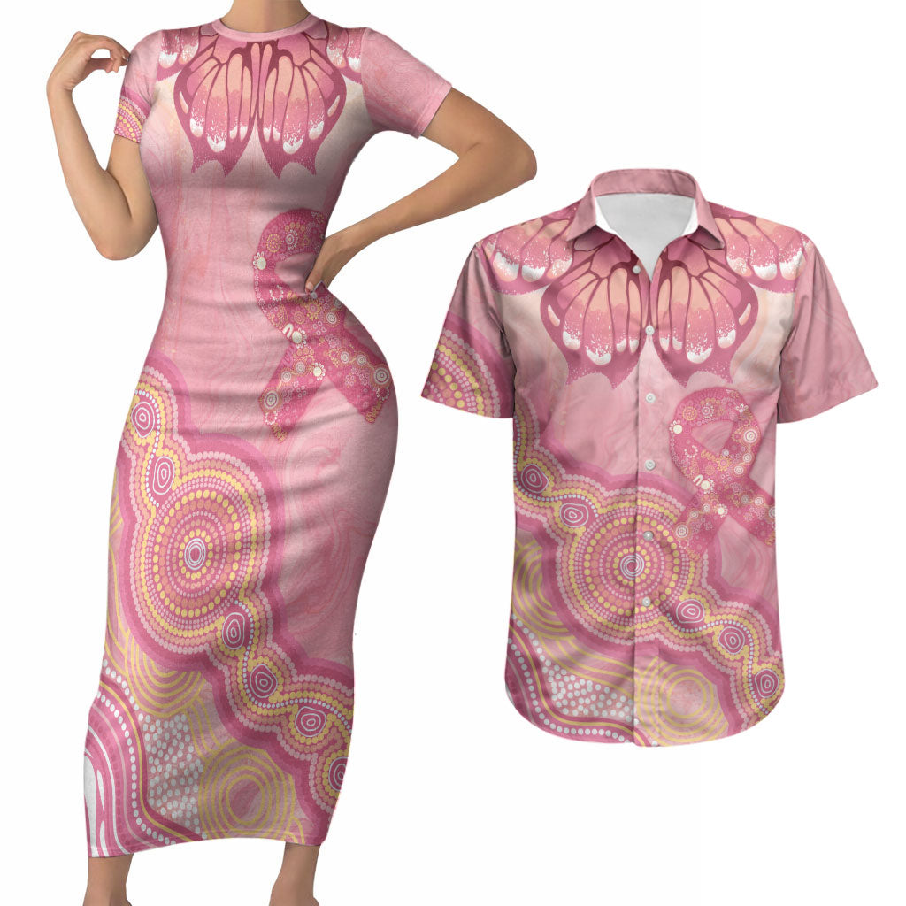 Dreamy Butterfly Collar Australia Breast Cancer Pink Couples Matching Short Sleeve Bodycon Dress and Hawaiian Shirt Indigenous Art