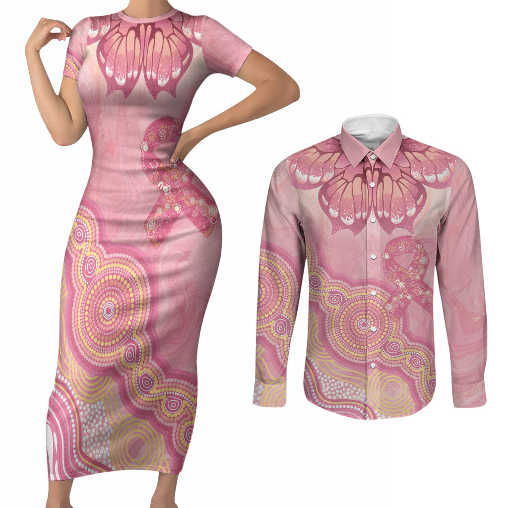 Dreamy Butterfly Collar Australia Breast Cancer Pink Couples Matching Short Sleeve Bodycon Dress and Long Sleeve Button Shirt Indigenous Art