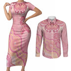 Dreamy Butterfly Collar Australia Breast Cancer Pink Couples Matching Short Sleeve Bodycon Dress and Long Sleeve Button Shirt Indigenous Art