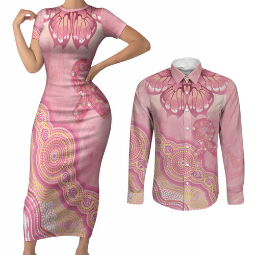 Dreamy Butterfly Collar Australia Breast Cancer Pink Couples Matching Short Sleeve Bodycon Dress and Long Sleeve Button Shirt Indigenous Art