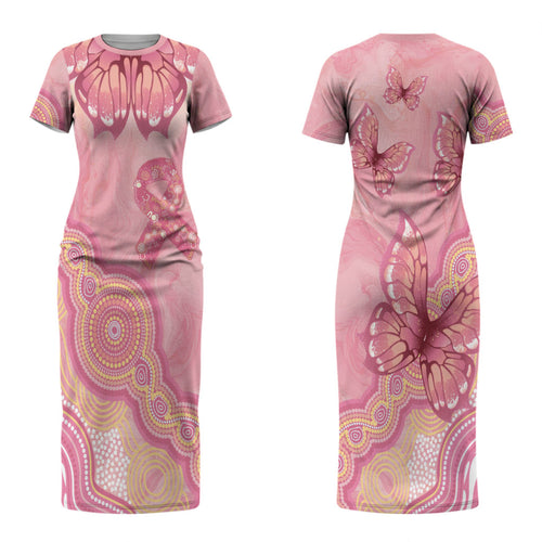 Dreamy Butterfly Collar Australia Breast Cancer Pink Couples Matching Short Sleeve Bodycon Dress and Long Sleeve Button Shirt Indigenous Art