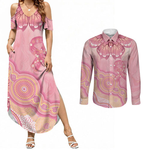 Dreamy Butterfly Collar Australia Breast Cancer Pink Couples Matching Summer Maxi Dress and Long Sleeve Button Shirt Indigenous Art