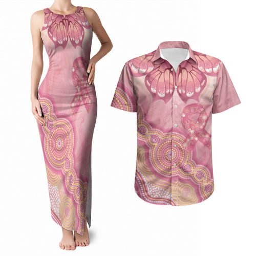 Dreamy Butterfly Collar Australia Breast Cancer Pink Couples Matching Tank Maxi Dress and Hawaiian Shirt Indigenous Art