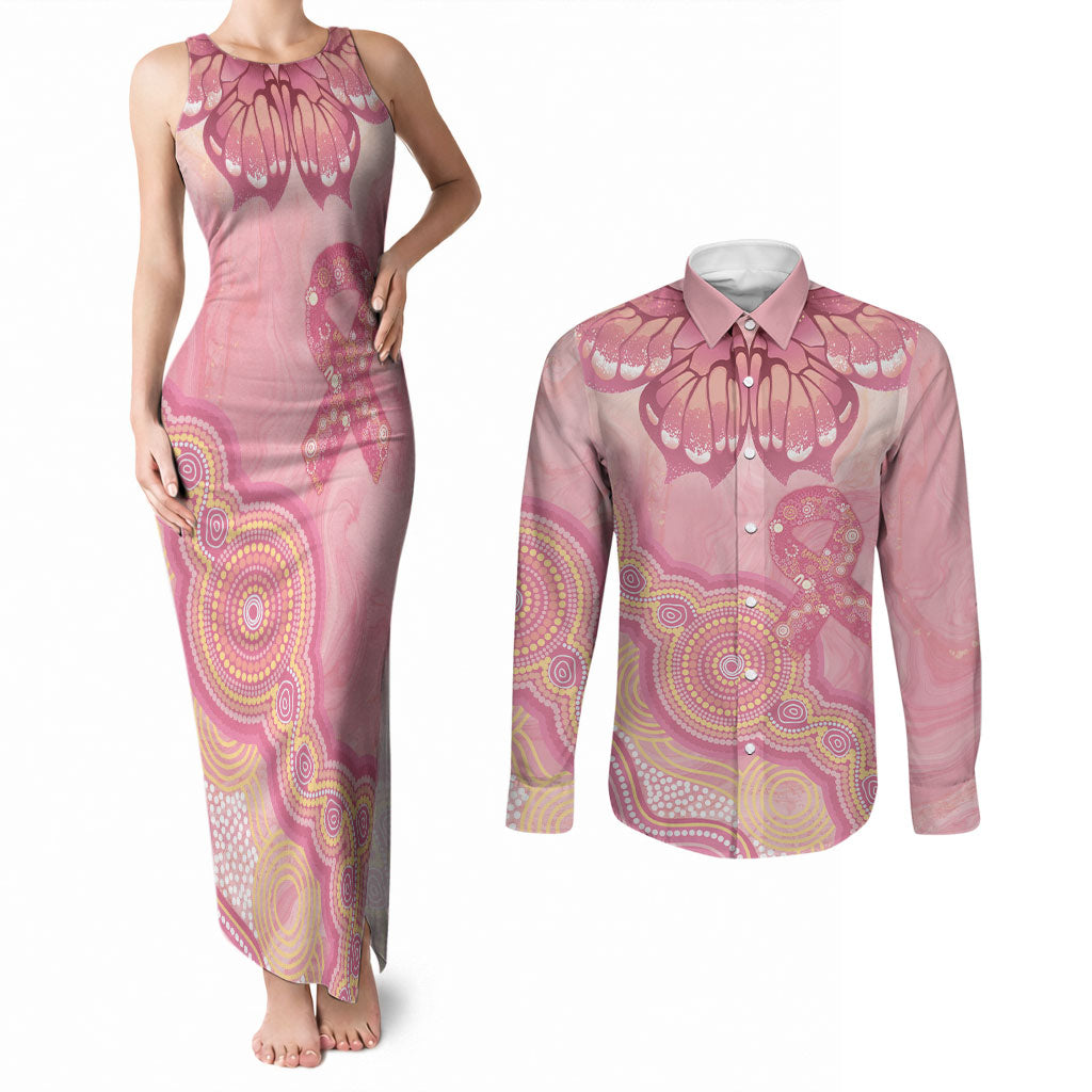 Dreamy Butterfly Collar Australia Breast Cancer Pink Couples Matching Tank Maxi Dress and Long Sleeve Button Shirt Indigenous Art