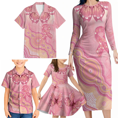 Dreamy Butterfly Collar Australia Breast Cancer Pink Family Matching Long Sleeve Bodycon Dress and Hawaiian Shirt Indigenous Art